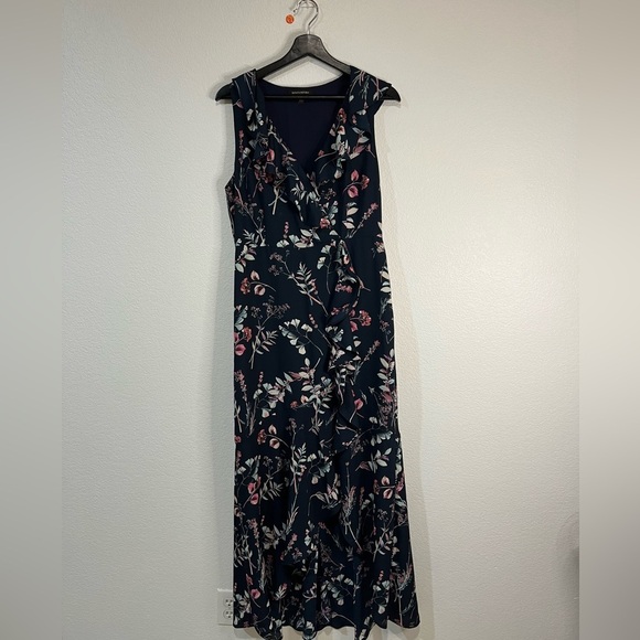 Banana Republic Dress Preppy Navy Floral Faux Wrap High low Lined side‎ zip 8 - Picture 3 of 9